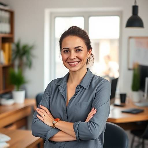 Retrato de Carla Pereira, designer de interiores da Mobiliária Raízes, em um ambiente de trabalho.